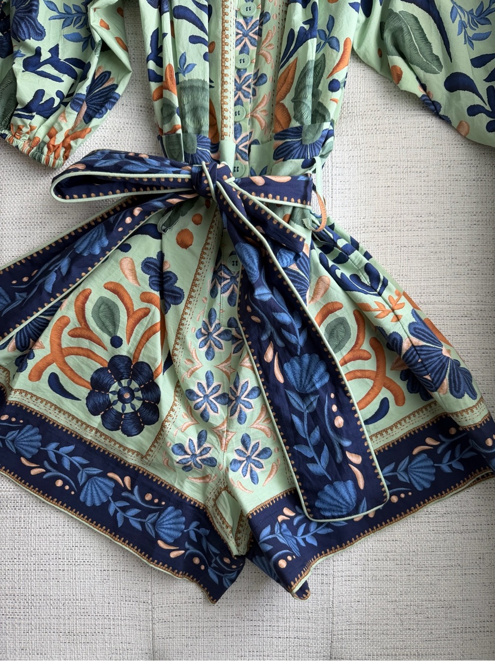 FARM Rio Mint Floral Puff-Sleeve Tie-Waist Jumpsuit with Navy & Coral Accents - Picture 3 of 4